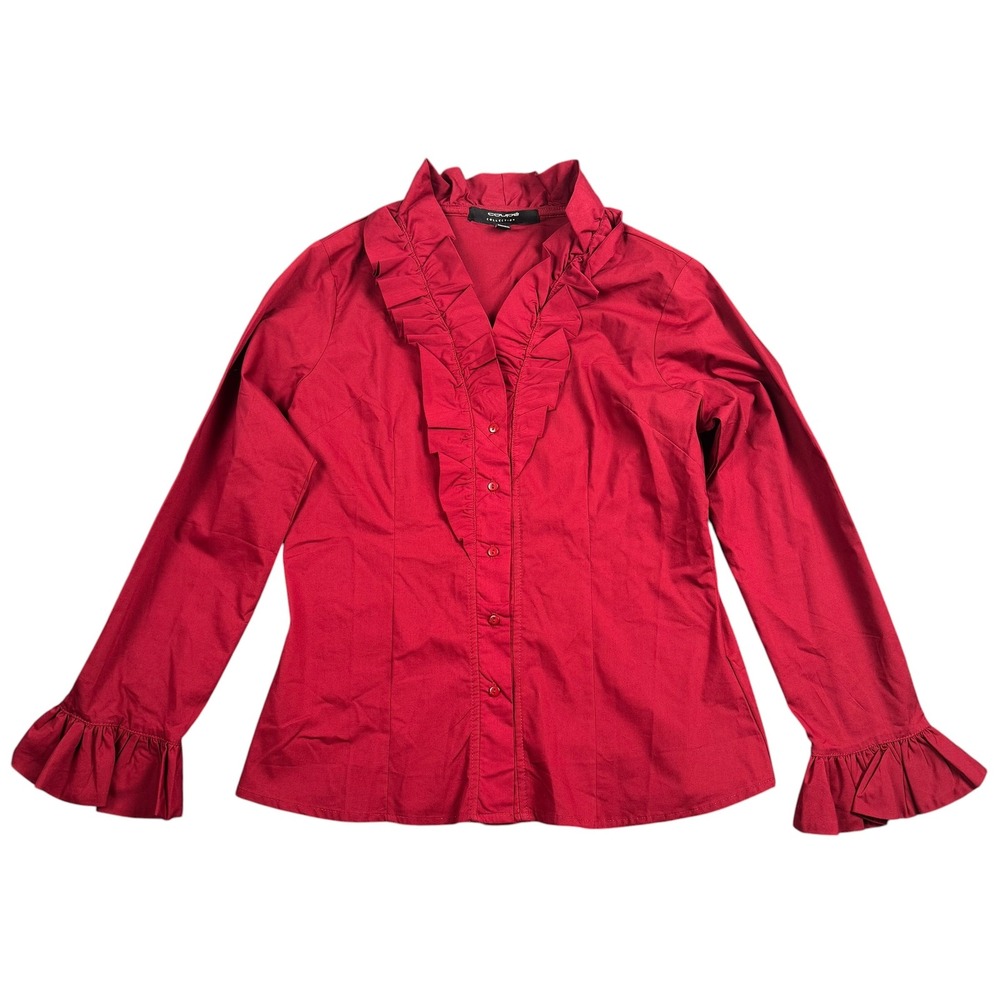 Coupe Collection Red Ruffle Front Button Down Blouse Long Sleeve Bell Cuff 243 L